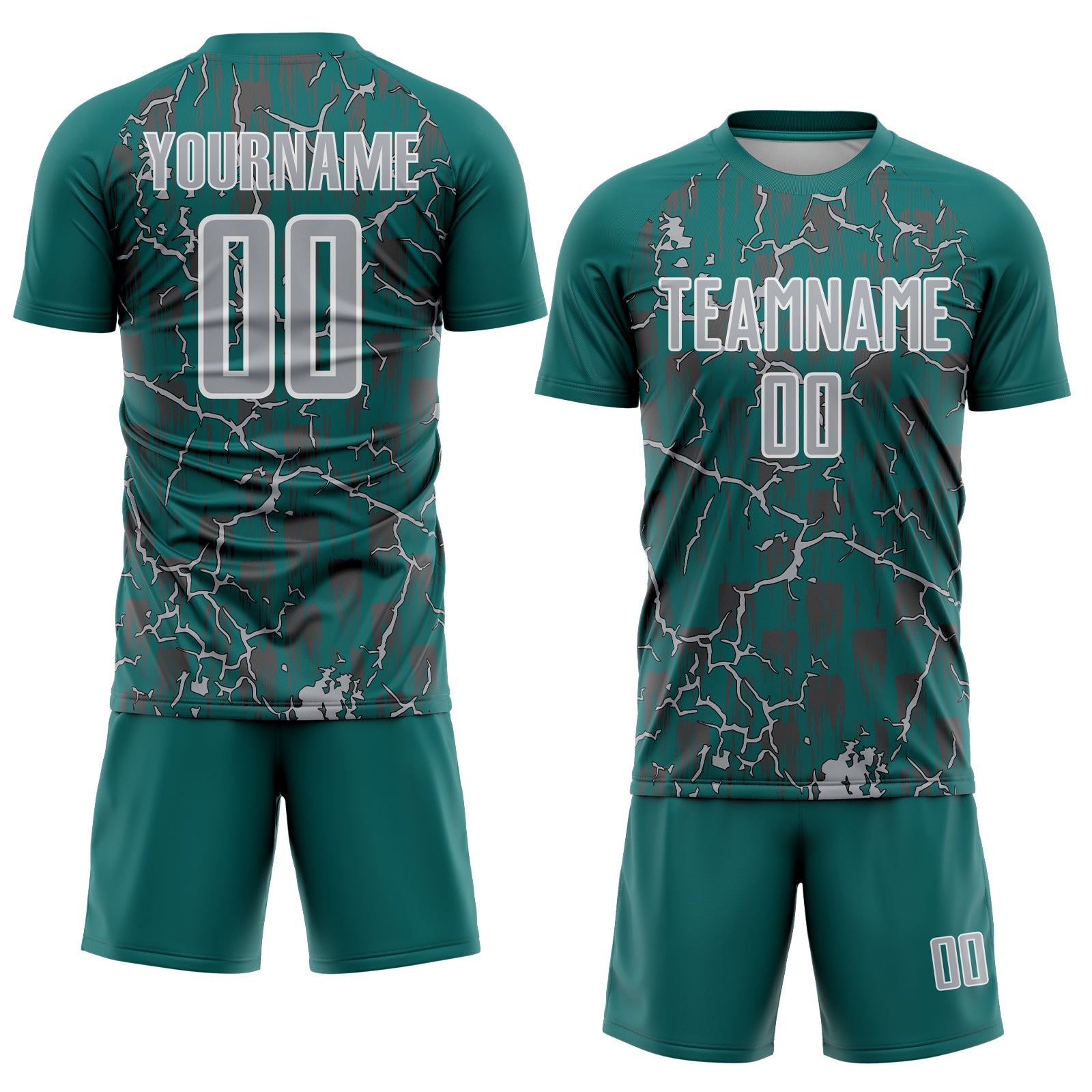 Custom Teal Gray-White Lightning Sublimation Soccer Uniform Jersey