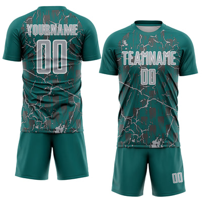 Custom Teal Gray-White Lightning Sublimation Soccer Uniform Jersey