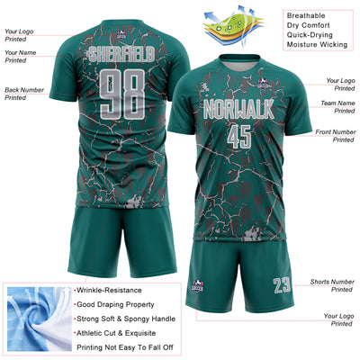 Custom Teal Gray-White Lightning Sublimation Soccer Uniform Jersey