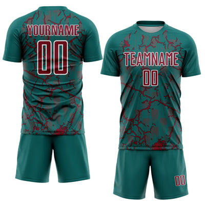 Custom Teal Crimson-White Lightning Sublimation Soccer Uniform Jersey