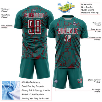 Custom Teal Crimson-White Lightning Sublimation Soccer Uniform Jersey