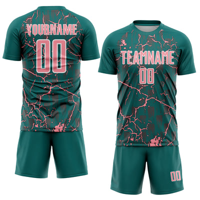 Custom Teal Medium Pink-White Lightning Sublimation Soccer Uniform Jersey