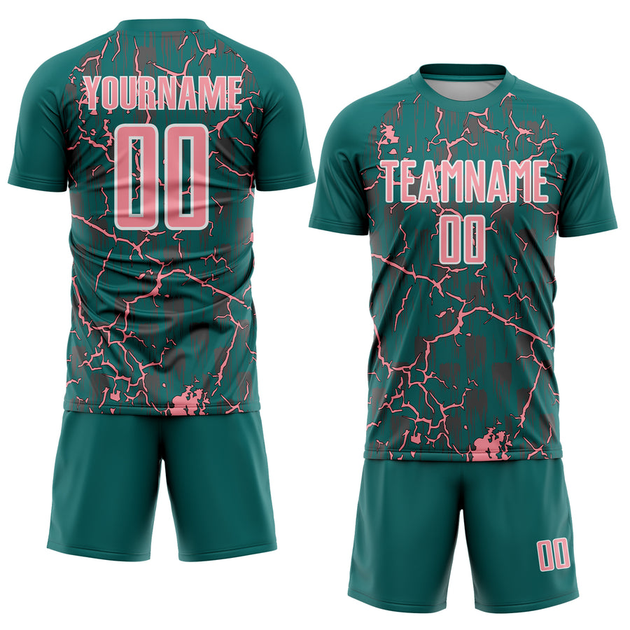Custom Teal Medium Pink-White Lightning Sublimation Soccer Uniform Jersey