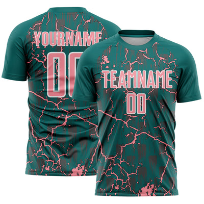 Custom Teal Medium Pink-White Lightning Sublimation Soccer Uniform Jersey