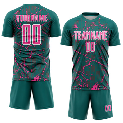 Custom Teal Pink-White Lightning Sublimation Soccer Uniform Jersey