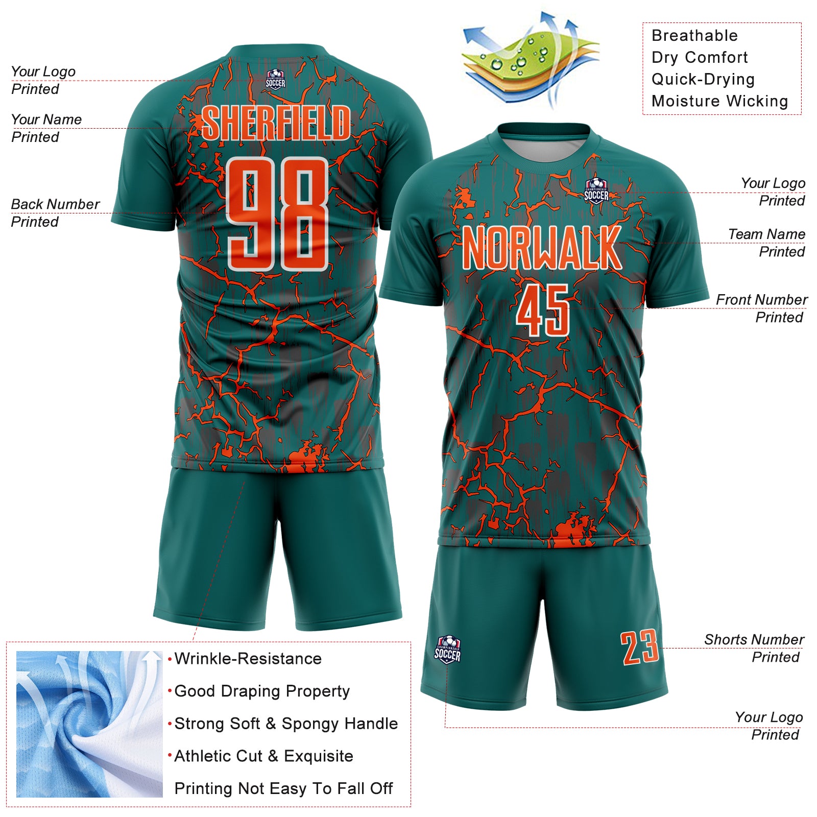 Custom Teal Orange-White Lightning Sublimation Soccer Uniform Jersey
