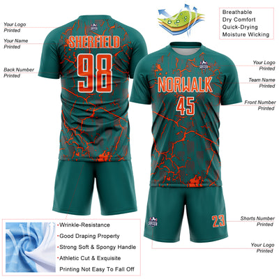Custom Teal Orange-White Lightning Sublimation Soccer Uniform Jersey