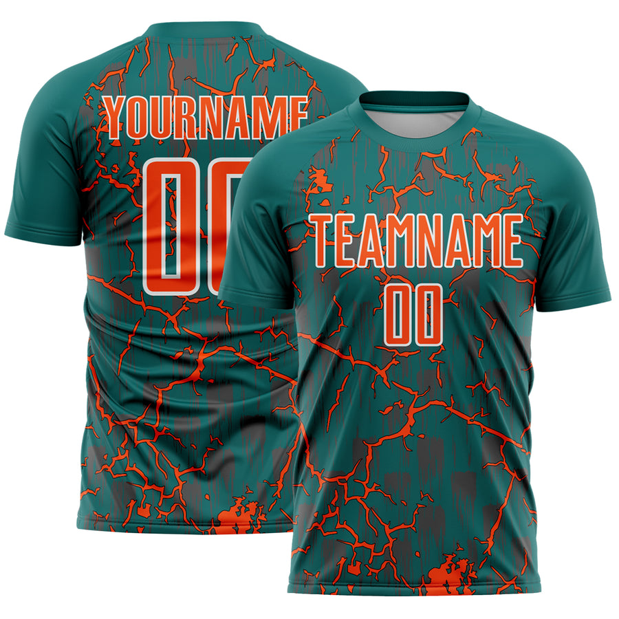 Custom Teal Orange-White Lightning Sublimation Soccer Uniform Jersey