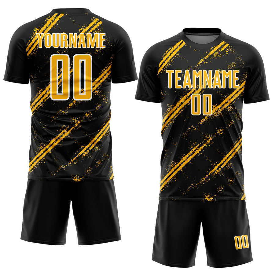 Custom Black Gold-White Abstract Fragment Art Splash Sublimation Soccer Uniform Jersey