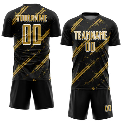 Custom Black Old Gold-White Abstract Fragment Art Splash Sublimation Soccer Uniform Jersey