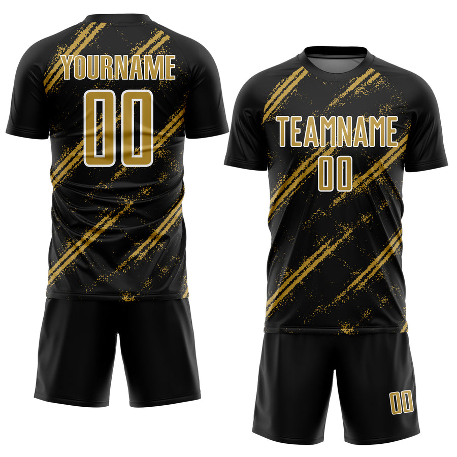 Custom Black Old Gold-White Abstract Fragment Art Splash Sublimation Soccer Uniform Jersey