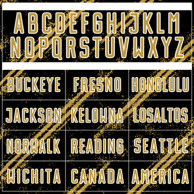 Custom Black Old Gold-White Abstract Fragment Art Splash Sublimation Soccer Uniform Jersey