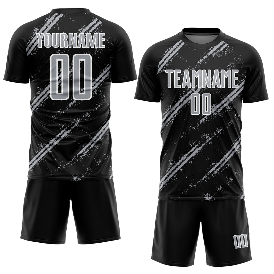 Custom Black Gray-White Abstract Fragment Art Splash Sublimation Soccer Uniform Jersey