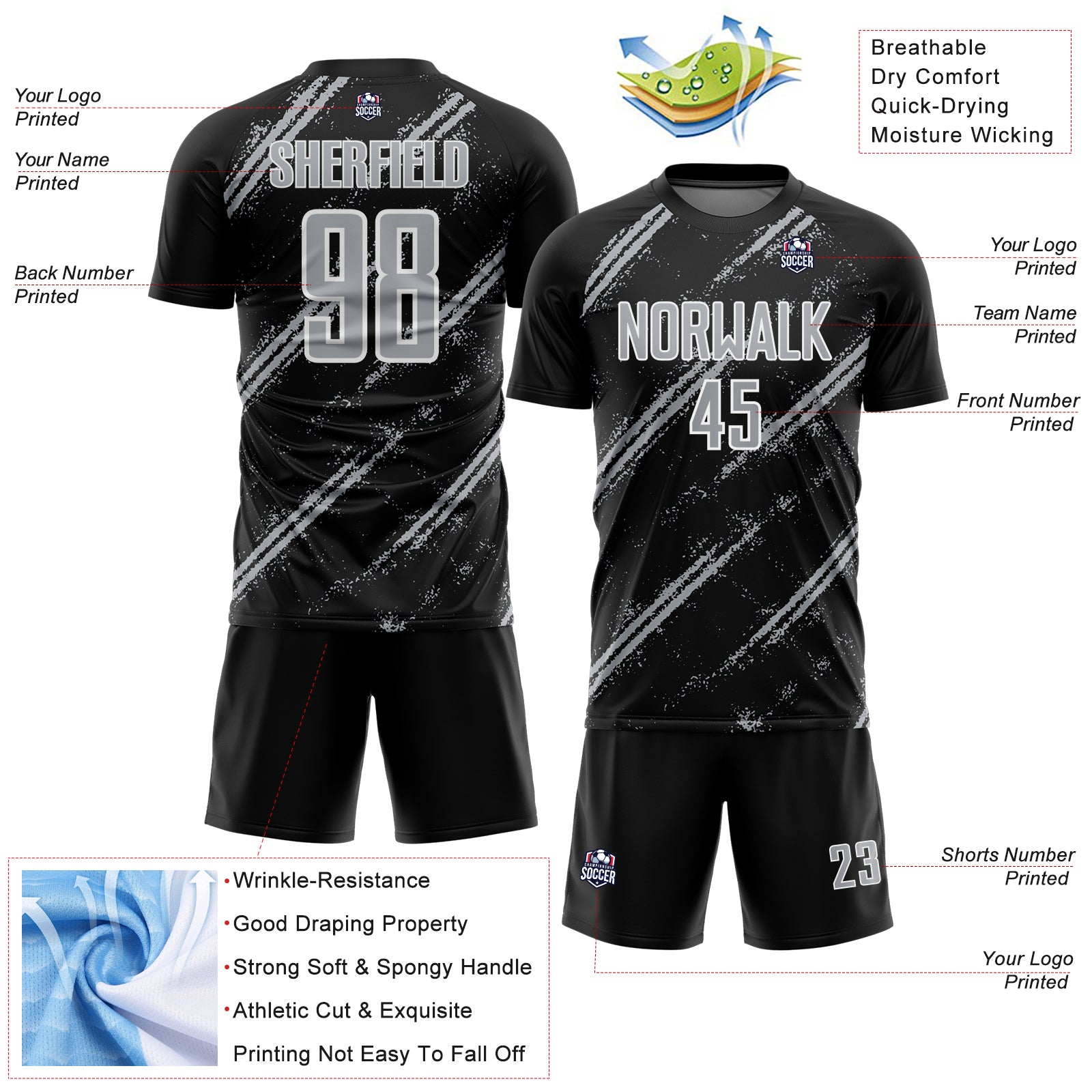 Custom Black Gray-White Abstract Fragment Art Splash Sublimation Soccer Uniform Jersey