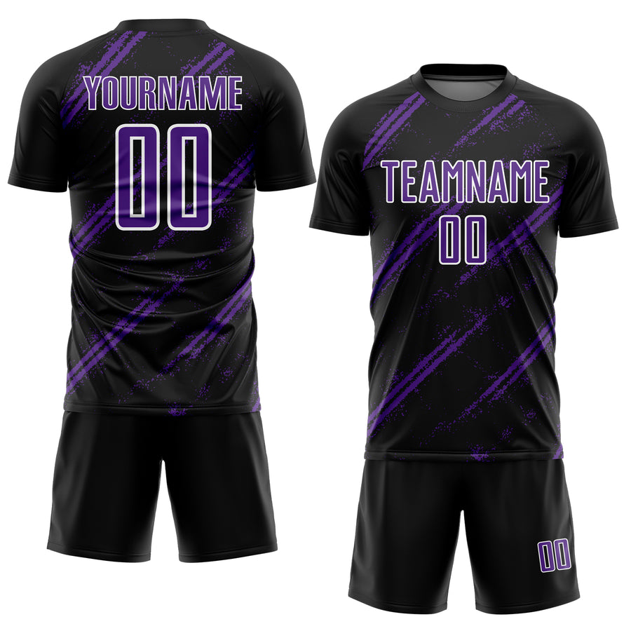 Custom Black Purple-White Abstract Fragment Art Splash Sublimation Soccer Uniform Jersey