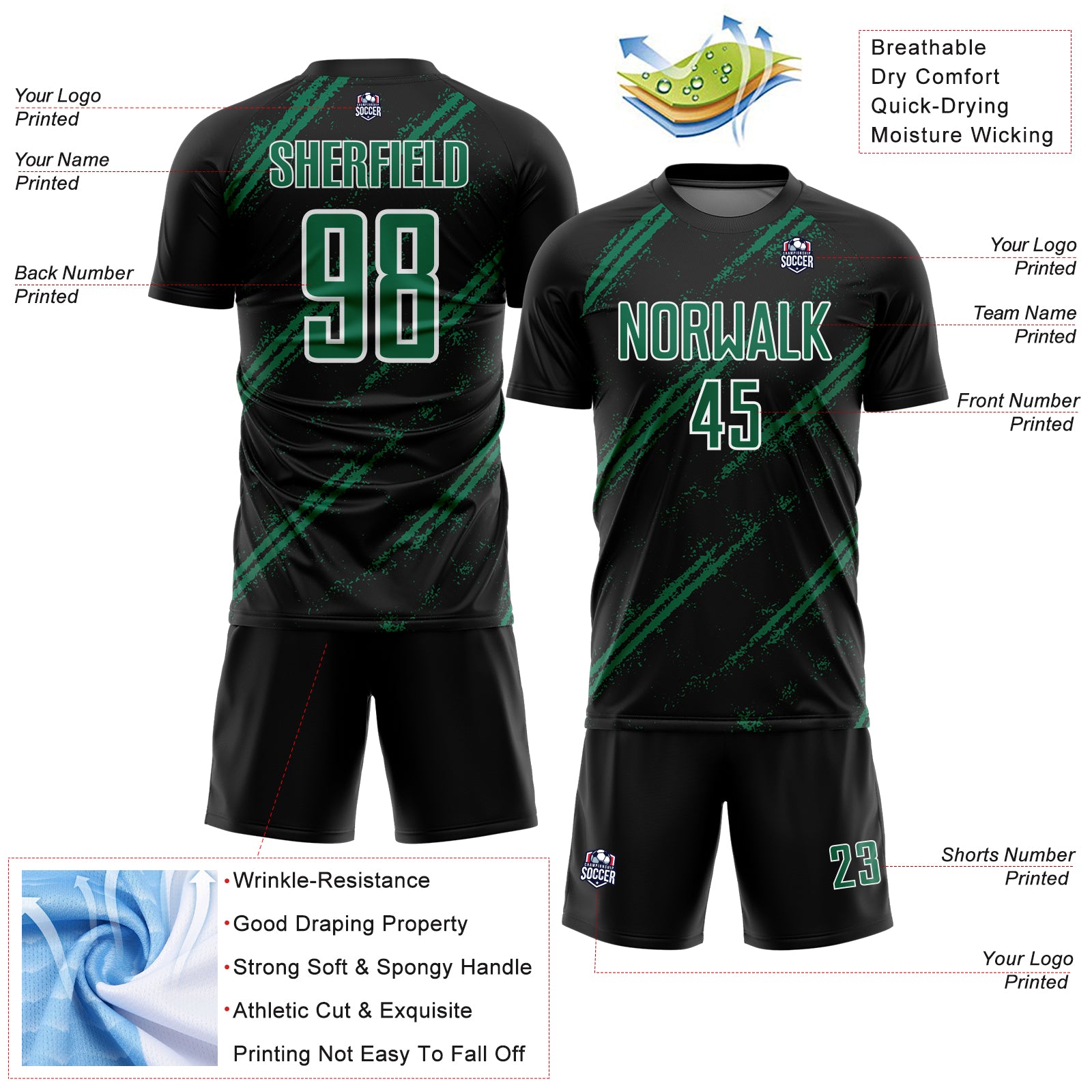 Custom Black Kelly Green-White Abstract Fragment Art Splash Sublimation Soccer Uniform Jersey