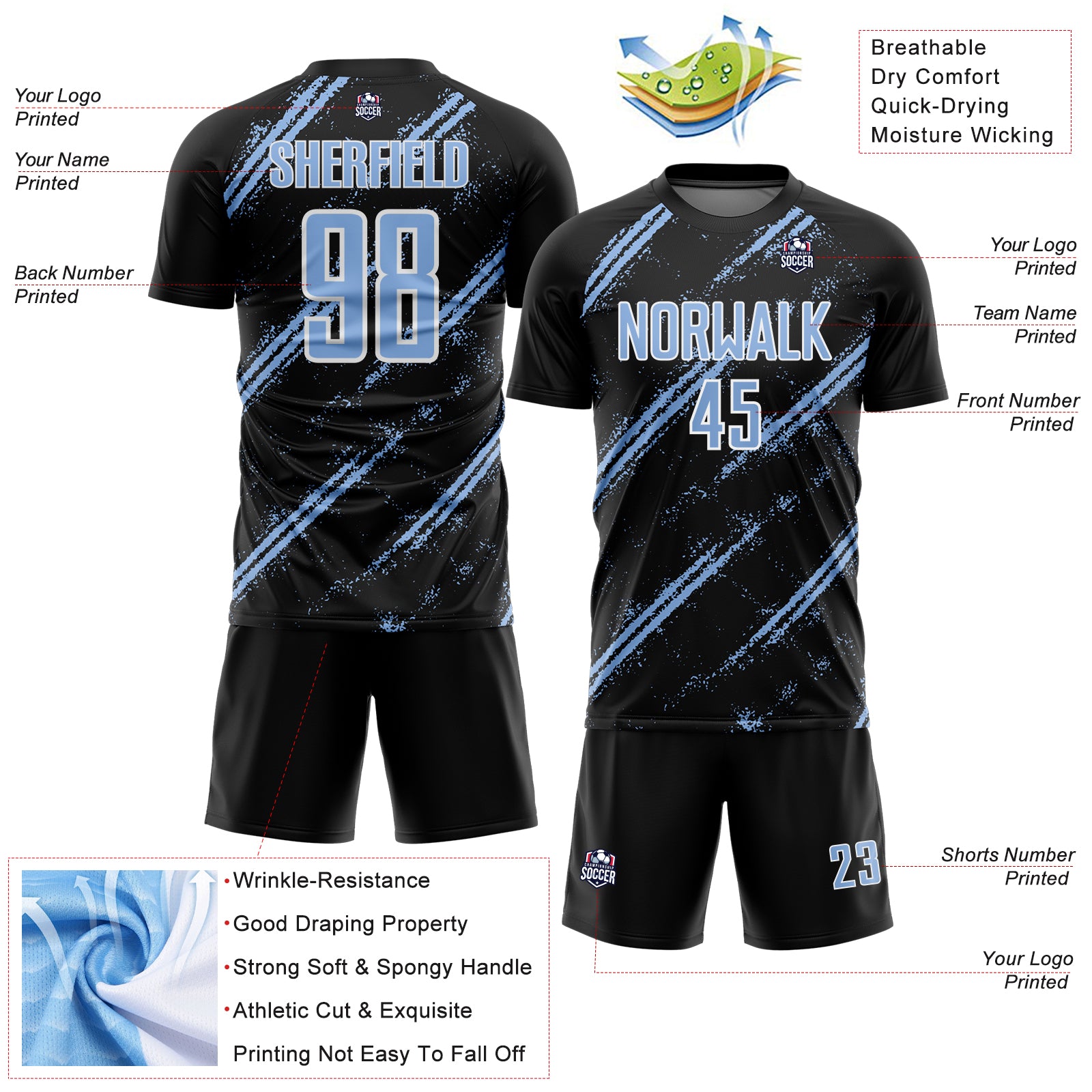 Custom Black Light Blue-White Abstract Fragment Art Splash Sublimation Soccer Uniform Jersey