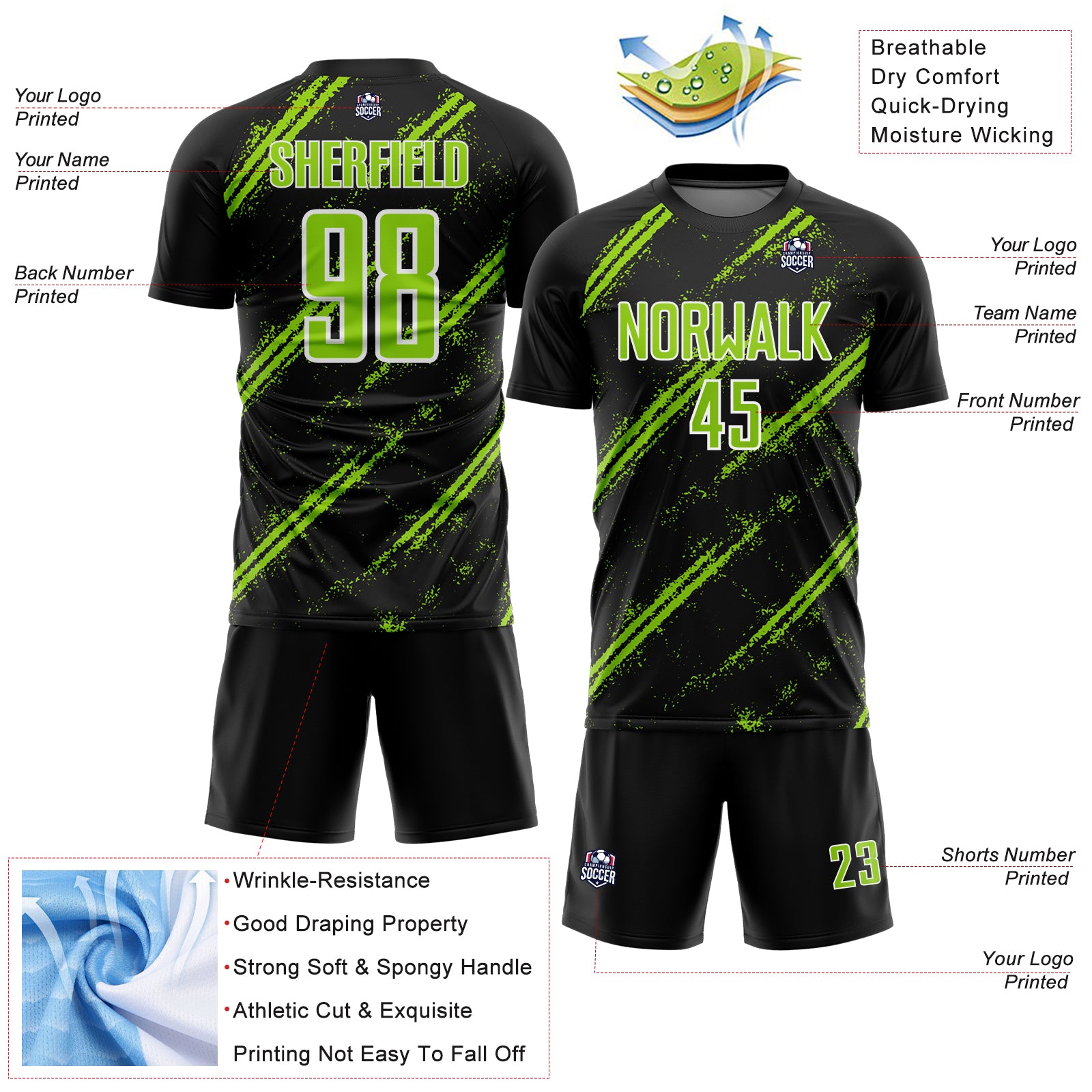 Custom Black Neon Green-White Abstract Fragment Art Splash Sublimation Soccer Uniform Jersey