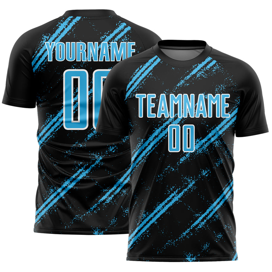 Custom Black Sky Blue-White Abstract Fragment Art Splash Sublimation Soccer Uniform Jersey