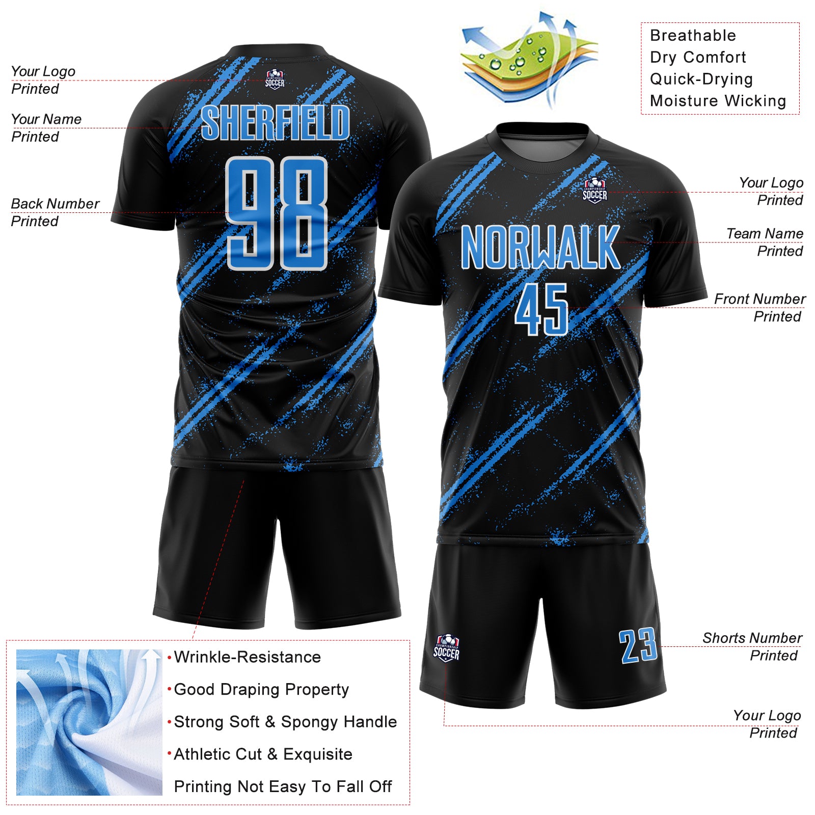 Custom Black Powder Blue-White Abstract Fragment Art Splash Sublimation Soccer Uniform Jersey