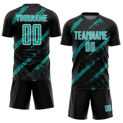 Custom Black Aqua-White Abstract Fragment Art Splash Sublimation Soccer Uniform Jersey