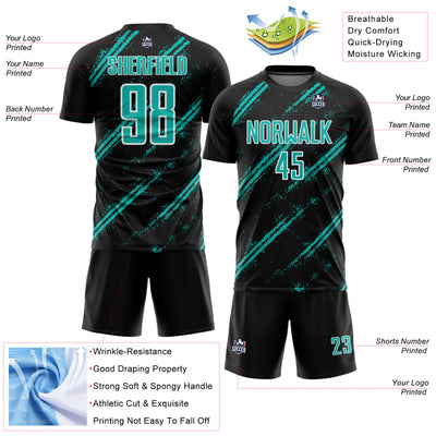 Custom Black Aqua-White Abstract Fragment Art Splash Sublimation Soccer Uniform Jersey