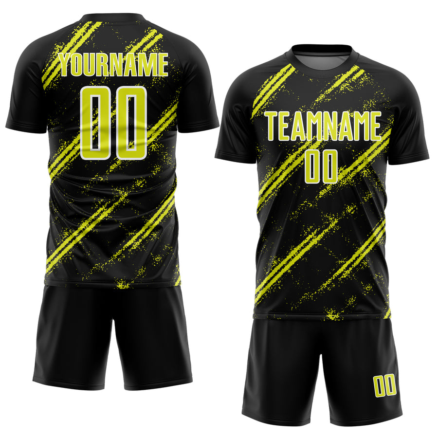 Custom Black Neon Yellow-White Abstract Fragment Art Splash Sublimation Soccer Uniform Jersey