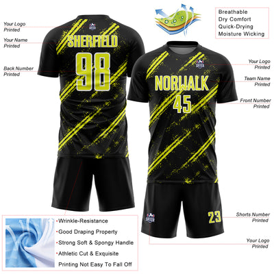 Custom Black Neon Yellow-White Abstract Fragment Art Splash Sublimation Soccer Uniform Jersey