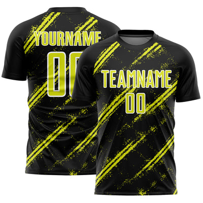 Custom Black Neon Yellow-White Abstract Fragment Art Splash Sublimation Soccer Uniform Jersey