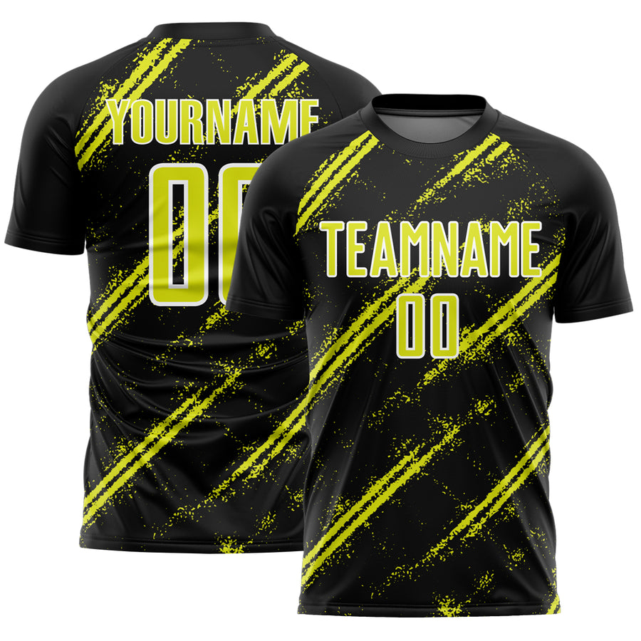 Custom Black Neon Yellow-White Abstract Fragment Art Splash Sublimation Soccer Uniform Jersey
