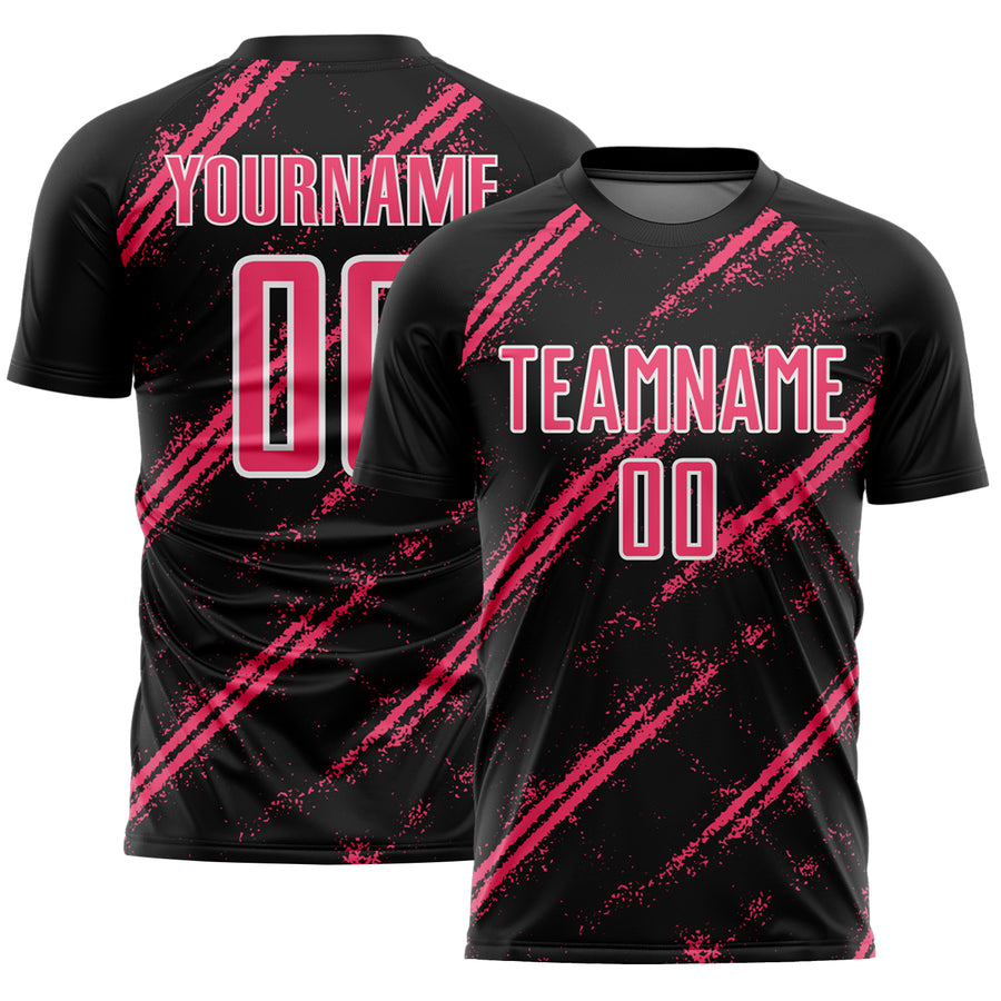 Custom Black Neon Pink-White Abstract Fragment Art Splash Sublimation Soccer Uniform Jersey