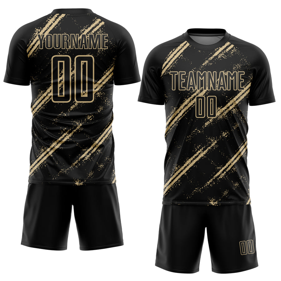 Custom Black Vegas Gold Abstract Fragment Art Splash Sublimation Soccer Uniform Jersey