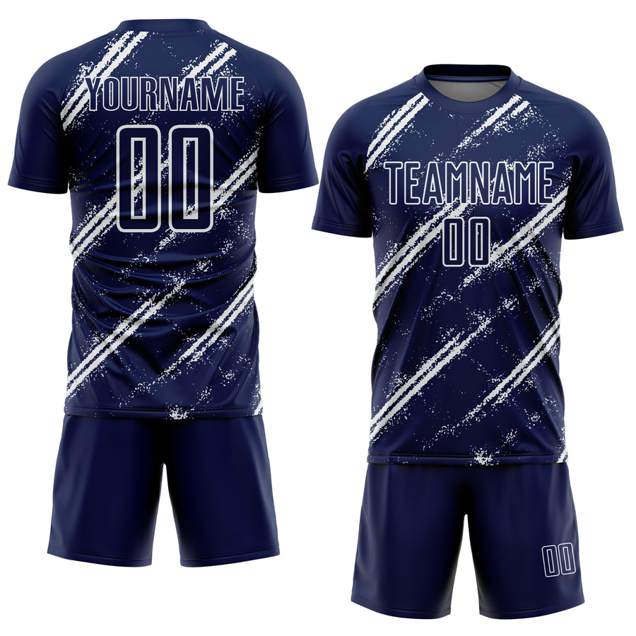 Custom Navy White Abstract Fragment Art Splash Sublimation Soccer Uniform Jersey