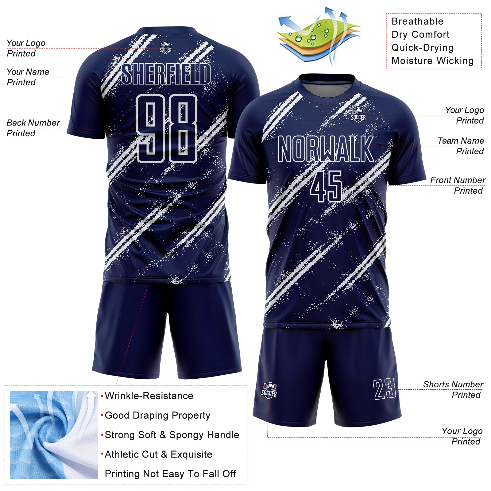 Custom Navy White Abstract Fragment Art Splash Sublimation Soccer Uniform Jersey