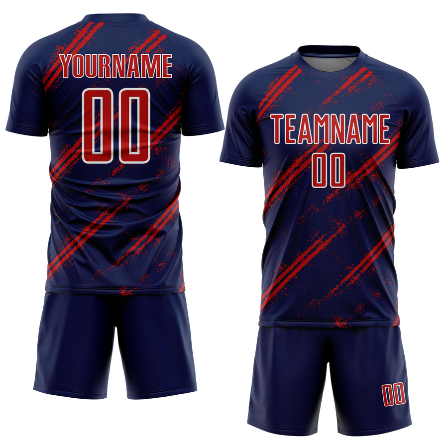 Custom Navy Red-White Abstract Fragment Art Splash Sublimation Soccer Uniform Jersey