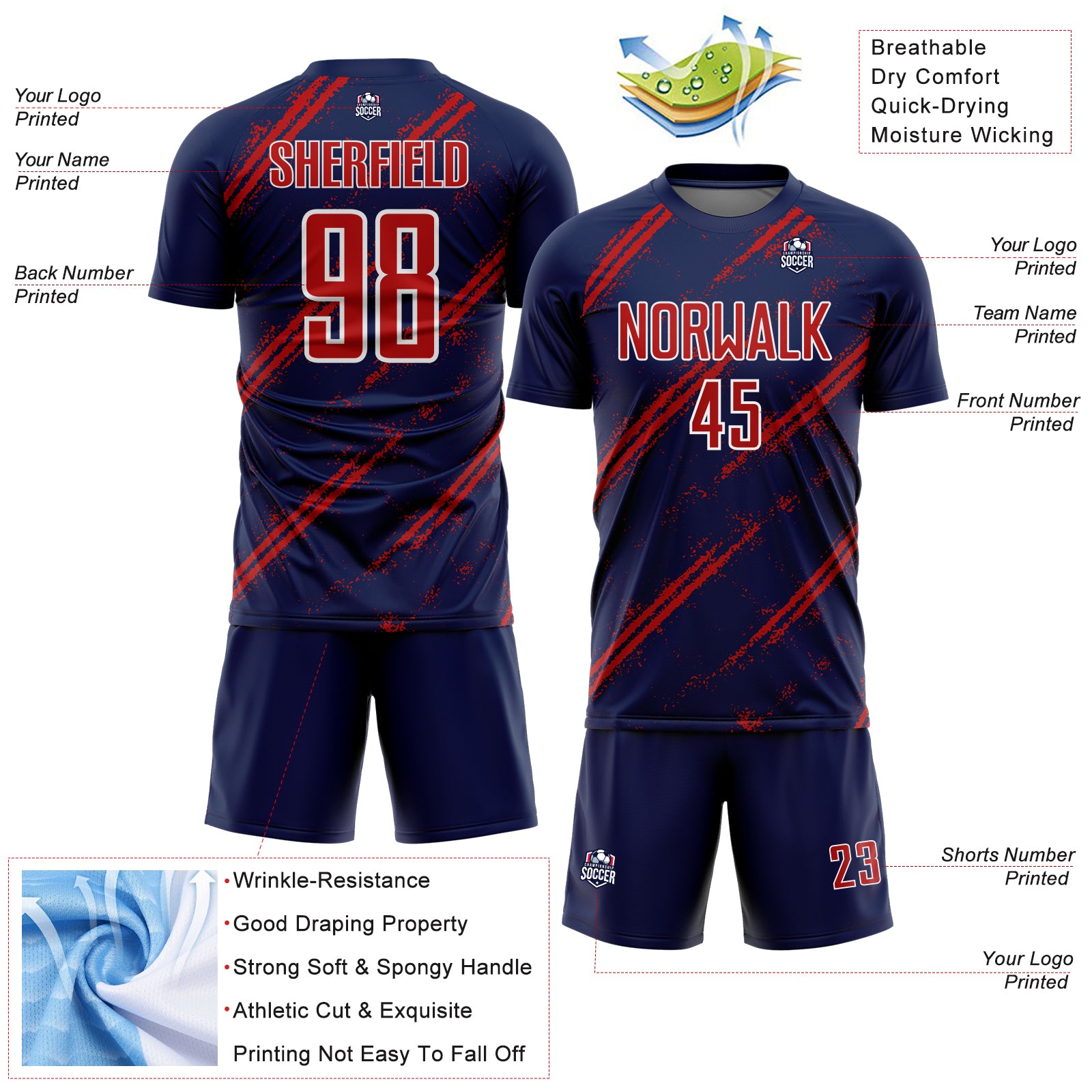 Custom Navy Red-White Abstract Fragment Art Splash Sublimation Soccer Uniform Jersey