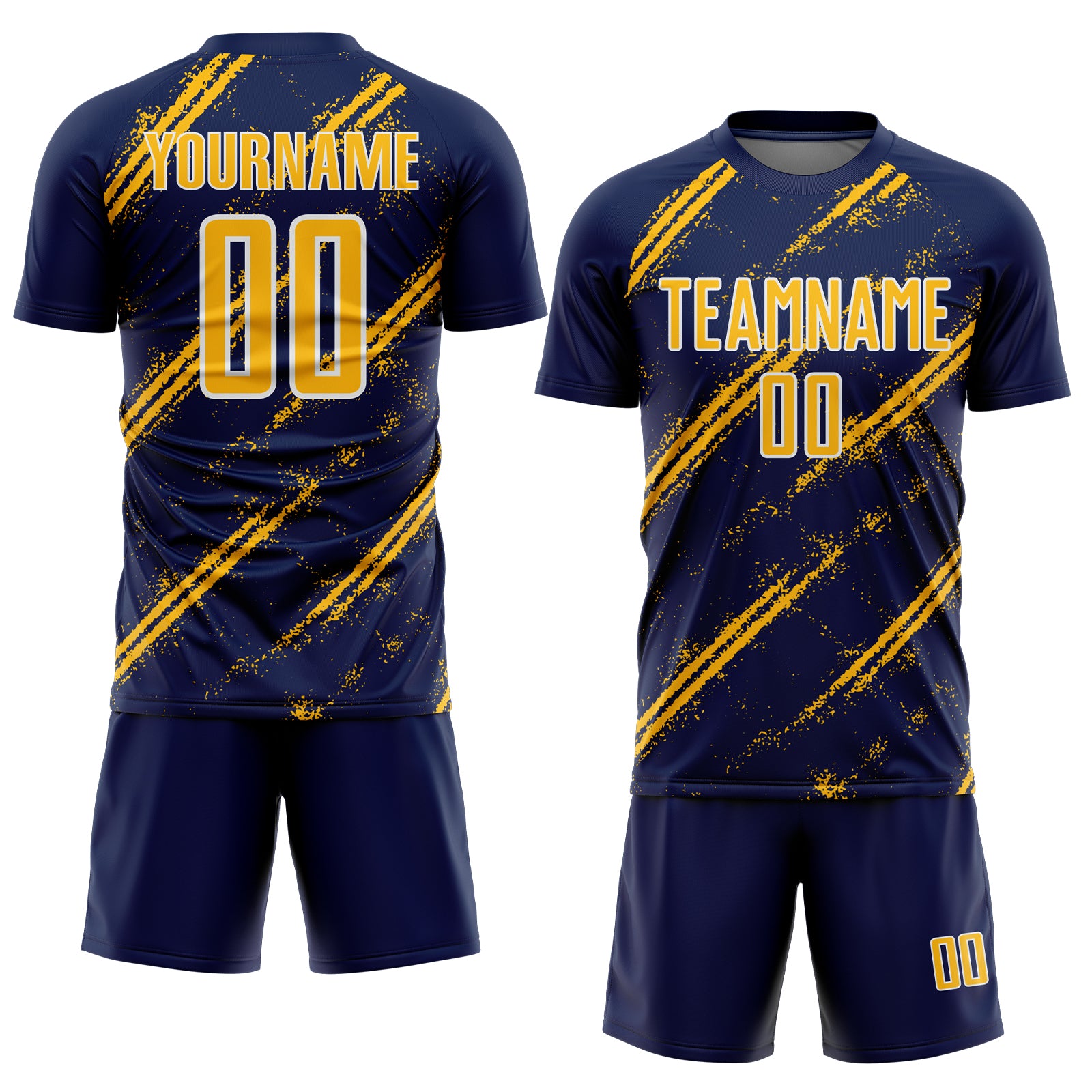Custom Navy Gold-White Abstract Fragment Art Splash Sublimation Soccer Uniform Jersey