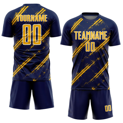 Custom Navy Gold-White Abstract Fragment Art Splash Sublimation Soccer Uniform Jersey