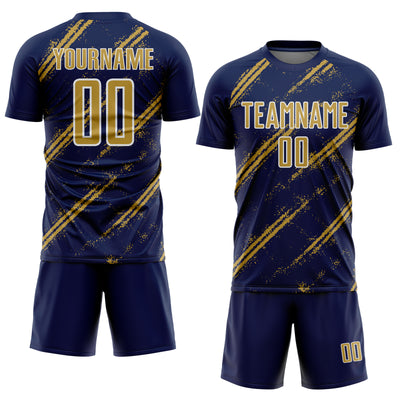 Custom Navy Old Gold-White Abstract Fragment Art Splash Sublimation Soccer Uniform Jersey