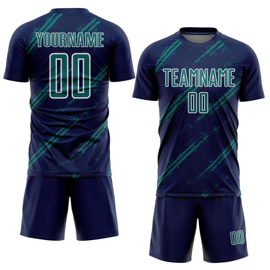 Custom Navy Teal-White Abstract Fragment Art Splash Sublimation Soccer Uniform Jersey