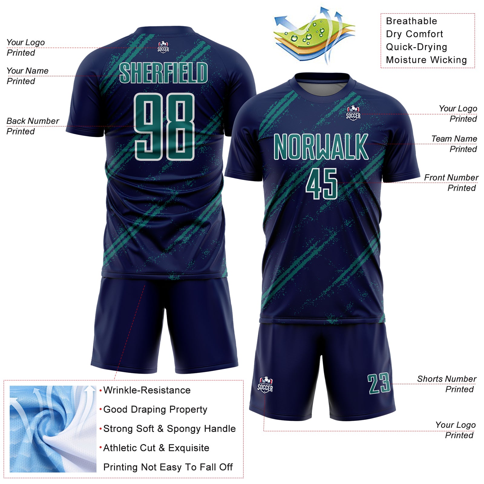 Custom Navy Teal-White Abstract Fragment Art Splash Sublimation Soccer Uniform Jersey