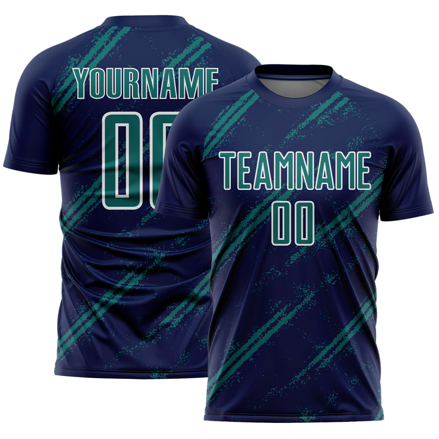 Custom Navy Teal-White Abstract Fragment Art Splash Sublimation Soccer Uniform Jersey