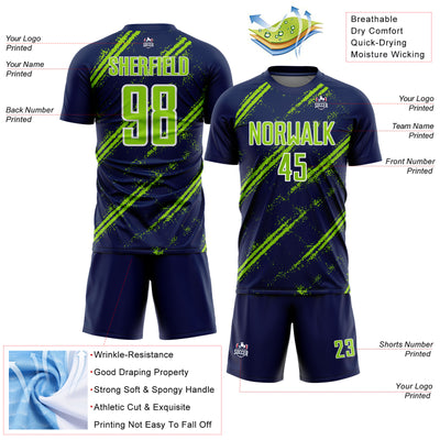 Custom Navy Neon Green-White Abstract Fragment Art Splash Sublimation Soccer Uniform Jersey