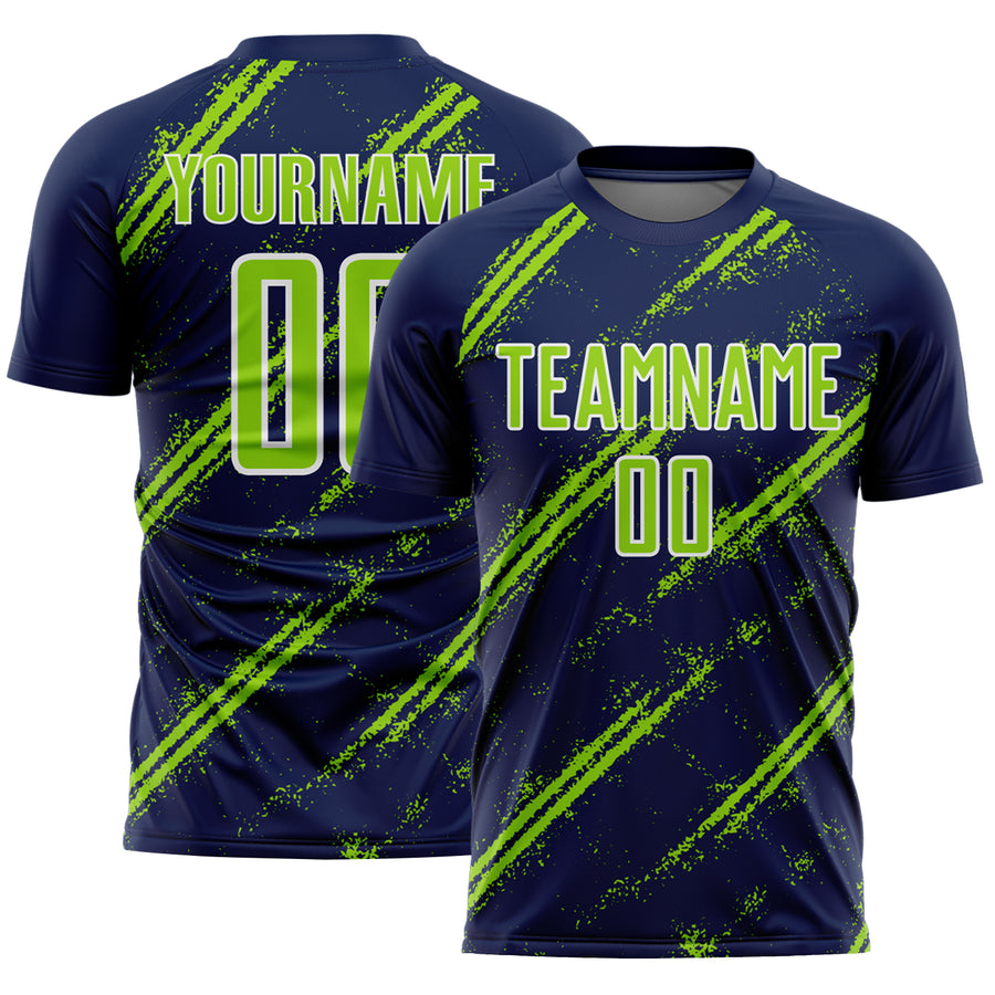 Custom Navy Neon Green-White Abstract Fragment Art Splash Sublimation Soccer Uniform Jersey
