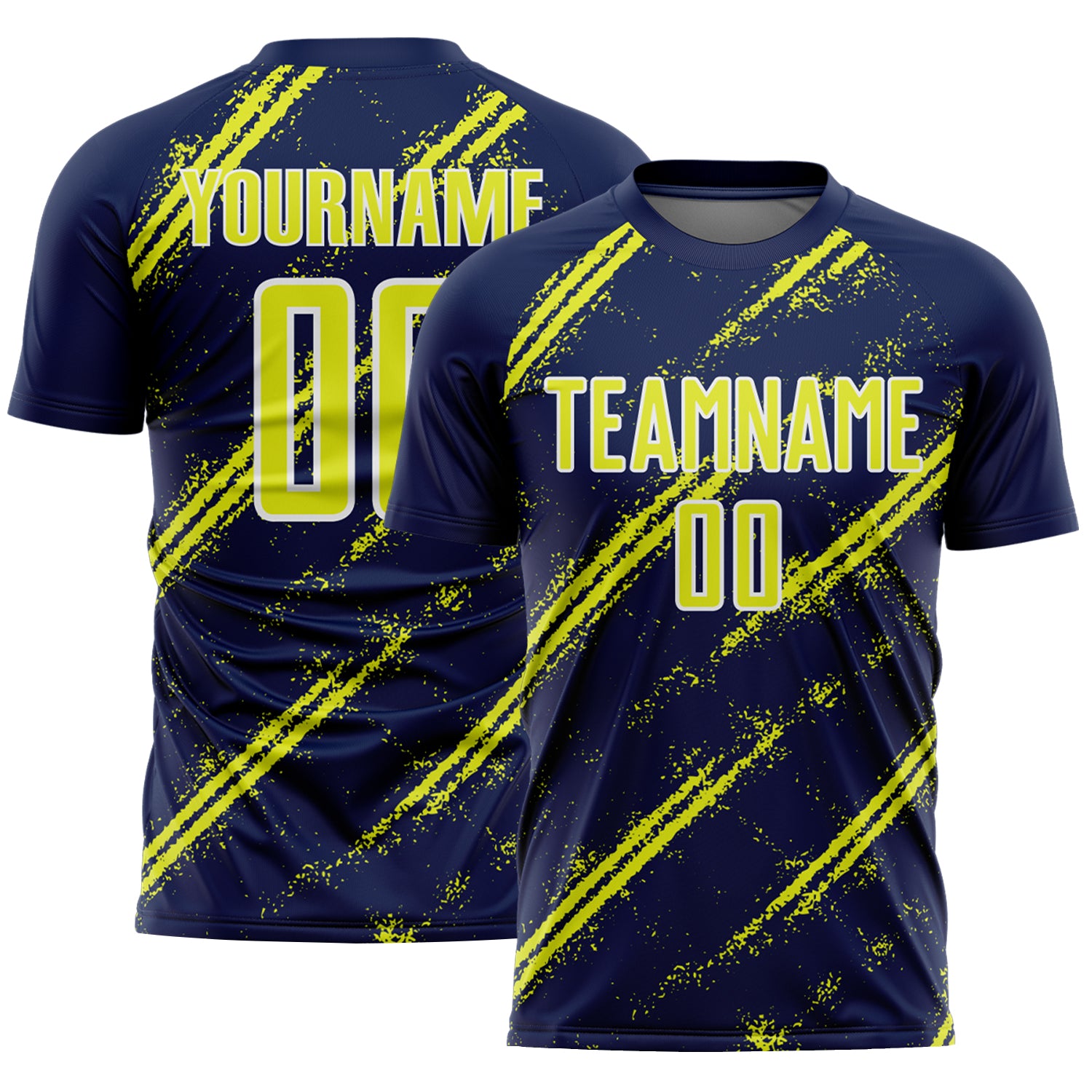 Custom Navy Neon Yellow-White Abstract Fragment Art Splash Sublimation Soccer Uniform Jersey