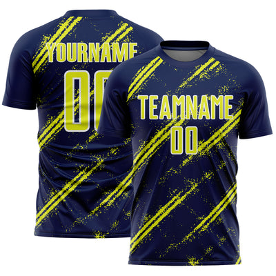 Custom Navy Neon Yellow-White Abstract Fragment Art Splash Sublimation Soccer Uniform Jersey