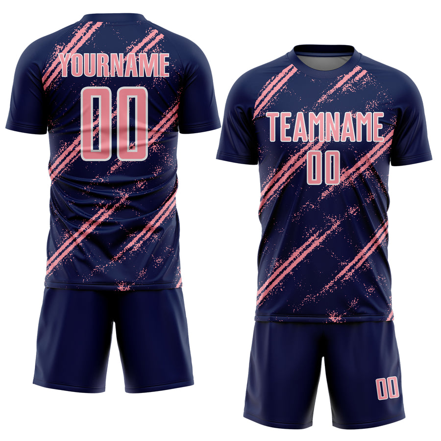 Custom Navy Medium Pink-White Abstract Fragment Art Splash Sublimation Soccer Uniform Jersey