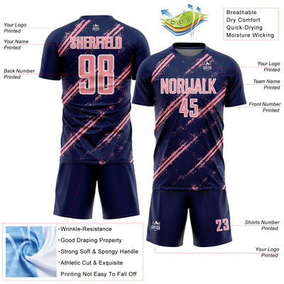 Custom Navy Medium Pink-White Abstract Fragment Art Splash Sublimation Soccer Uniform Jersey