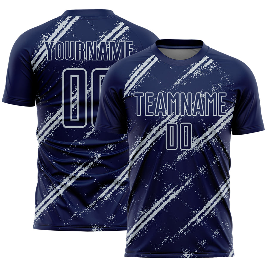 Custom Navy Silver Abstract Fragment Art Splash Sublimation Soccer Uniform Jersey