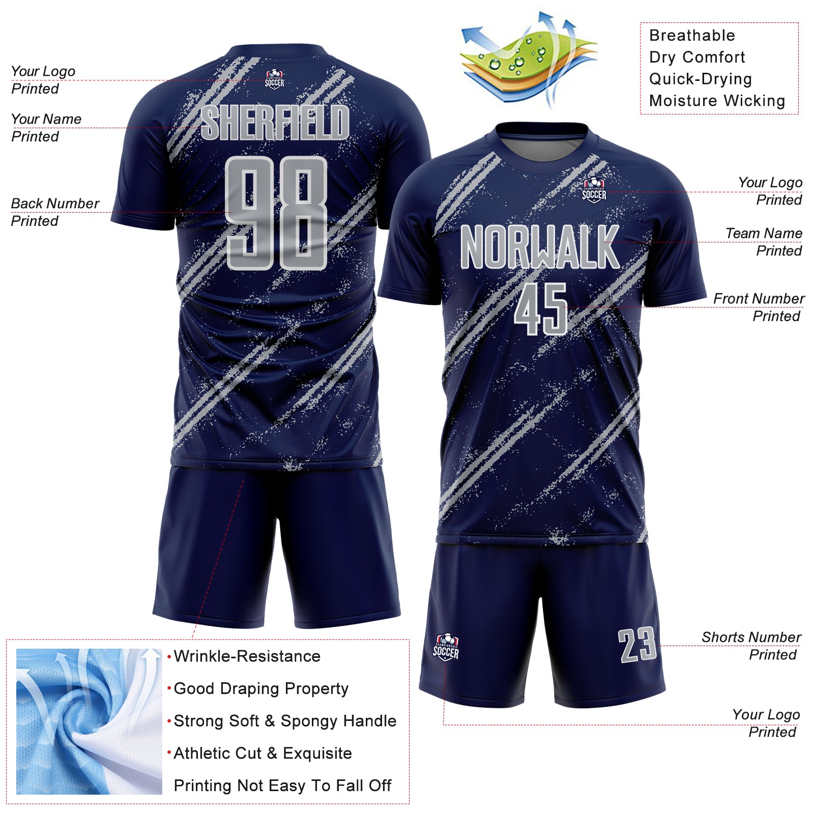 Custom Navy Gray-White Abstract Fragment Art Splash Sublimation Soccer Uniform Jersey